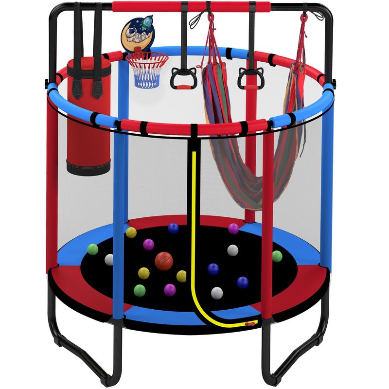55'' Kids' Safety Trampoline: Includes Basketball Hoop, Swing & Enclosure Net
