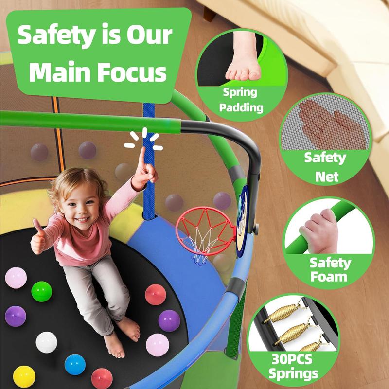 55'' Kids' Safety Trampoline: Includes Basketball Hoop, Swing & Enclosure Net
