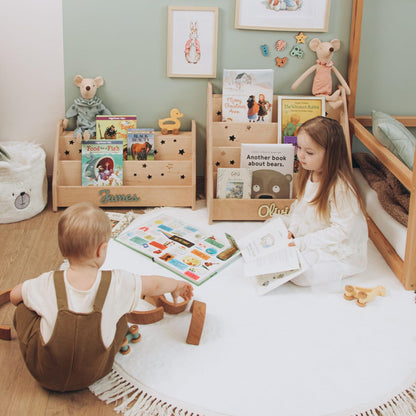 Personalized Montessori Bookshelf with Stars Boho Nursery Bookshelf Wooden Book Starage For Children Minimalist Kids Furniture Grandson Gift