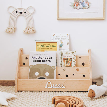 Personalized Montessori Bookshelf with Stars Boho Nursery Bookshelf Wooden Book Starage For Children Minimalist Kids Furniture Grandson Gift