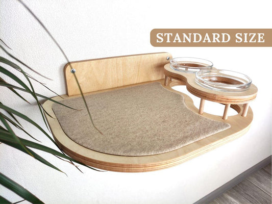 Wall Mounted Cat Feeder: Elevated Shelf with Glass Bowls